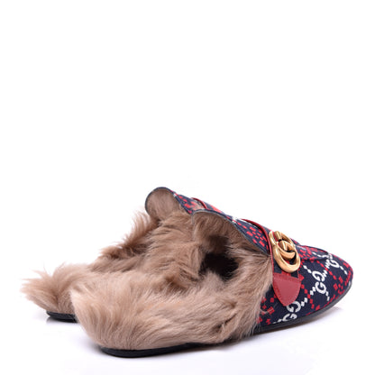 Gucci Canvas GG Monogram Diamond Fur Web GG Mens Princetown Slippers 7.5 Midnight Blue Hibiscus Red 4 of 9