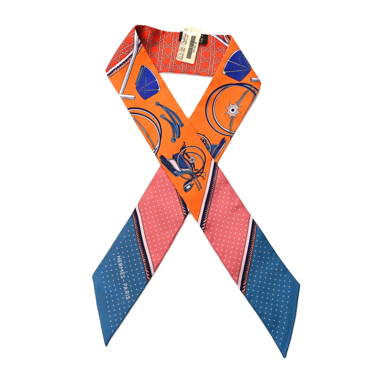 Hermes Silk Les Voitures A Transformation Twilly Orange Cobalt Vermillon 1 of 4