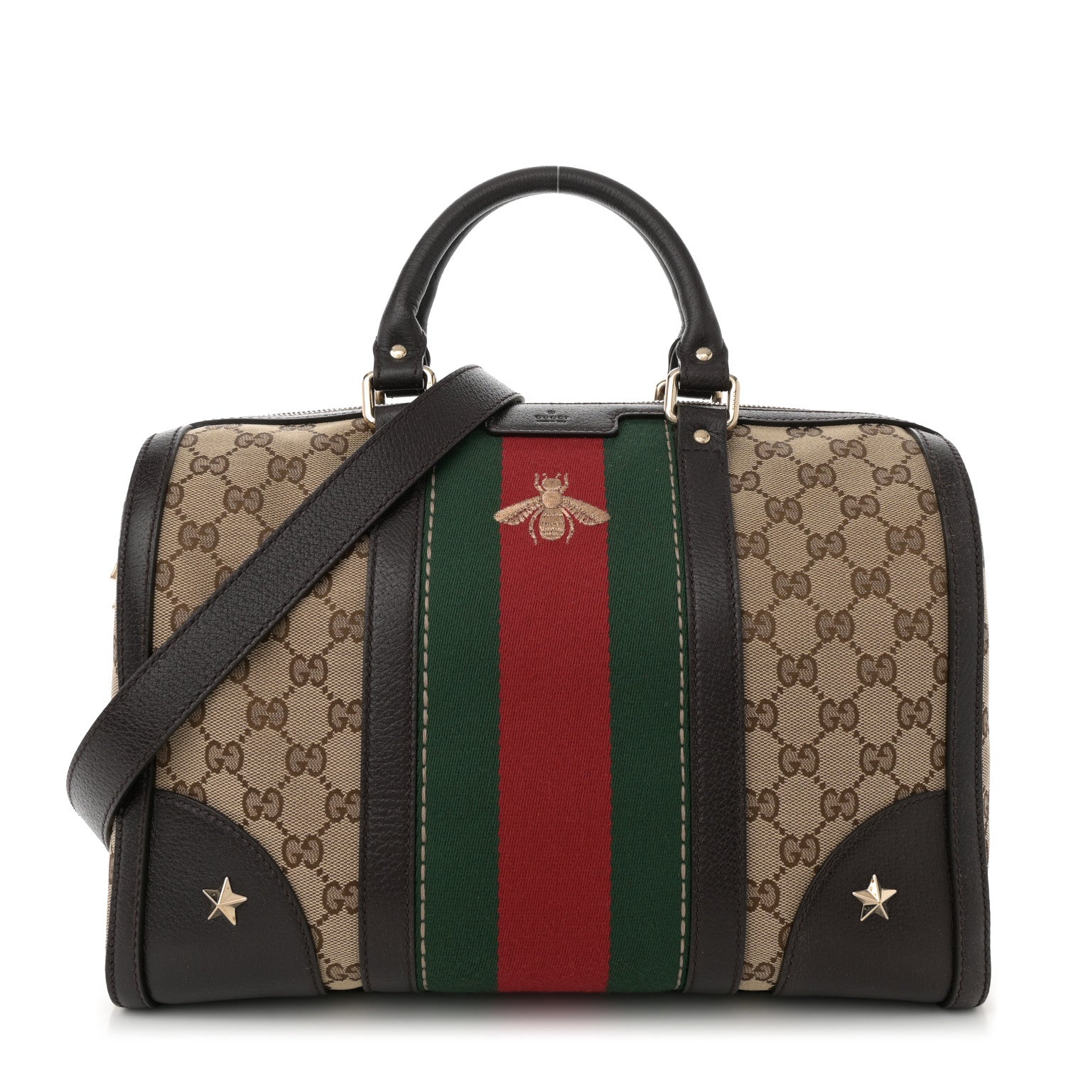 Gucci Monogram Vintage Web Medium Webby Bee Boston Dark Brown 1 of 10