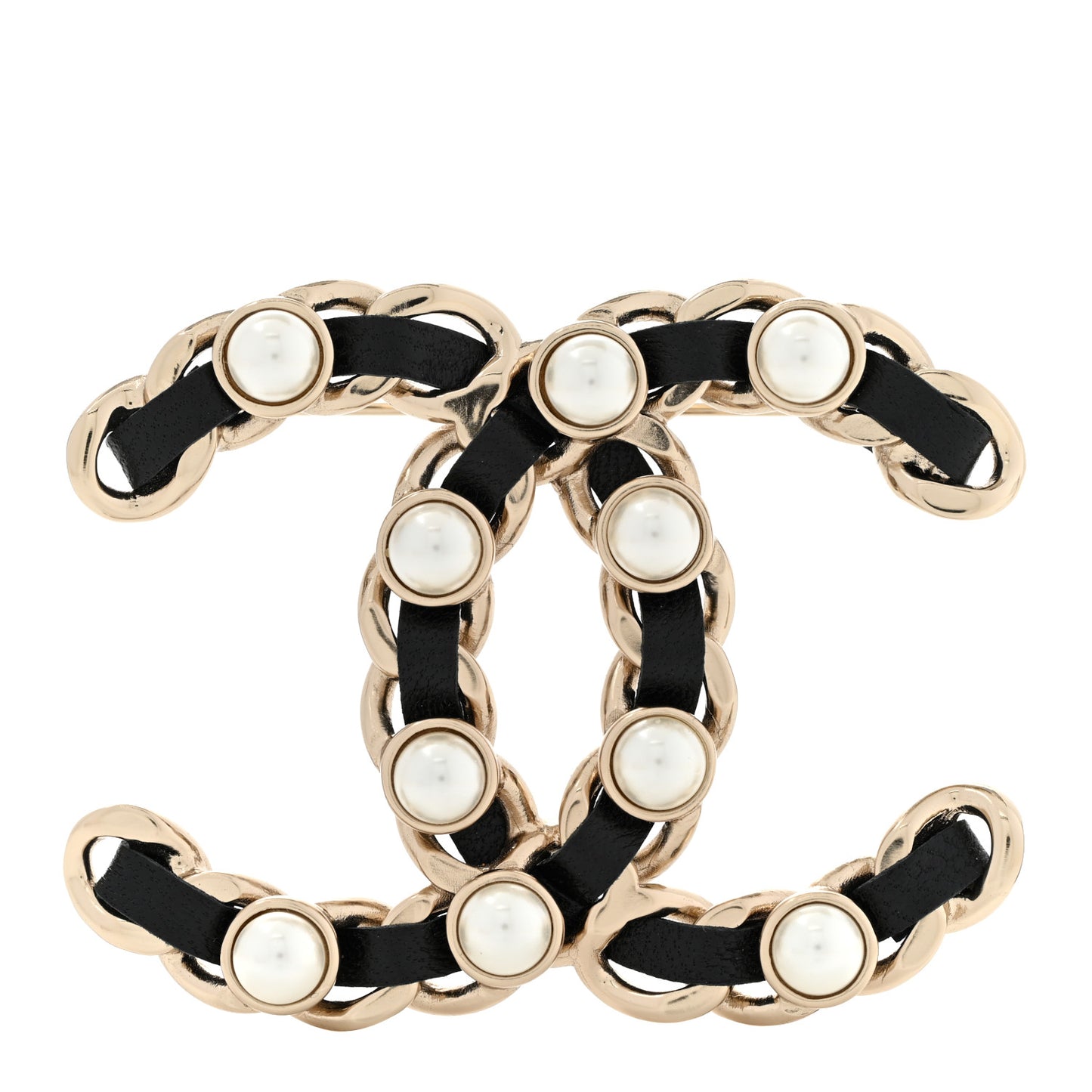 Lambskin Pearl Chain CC Brooch Gold Black