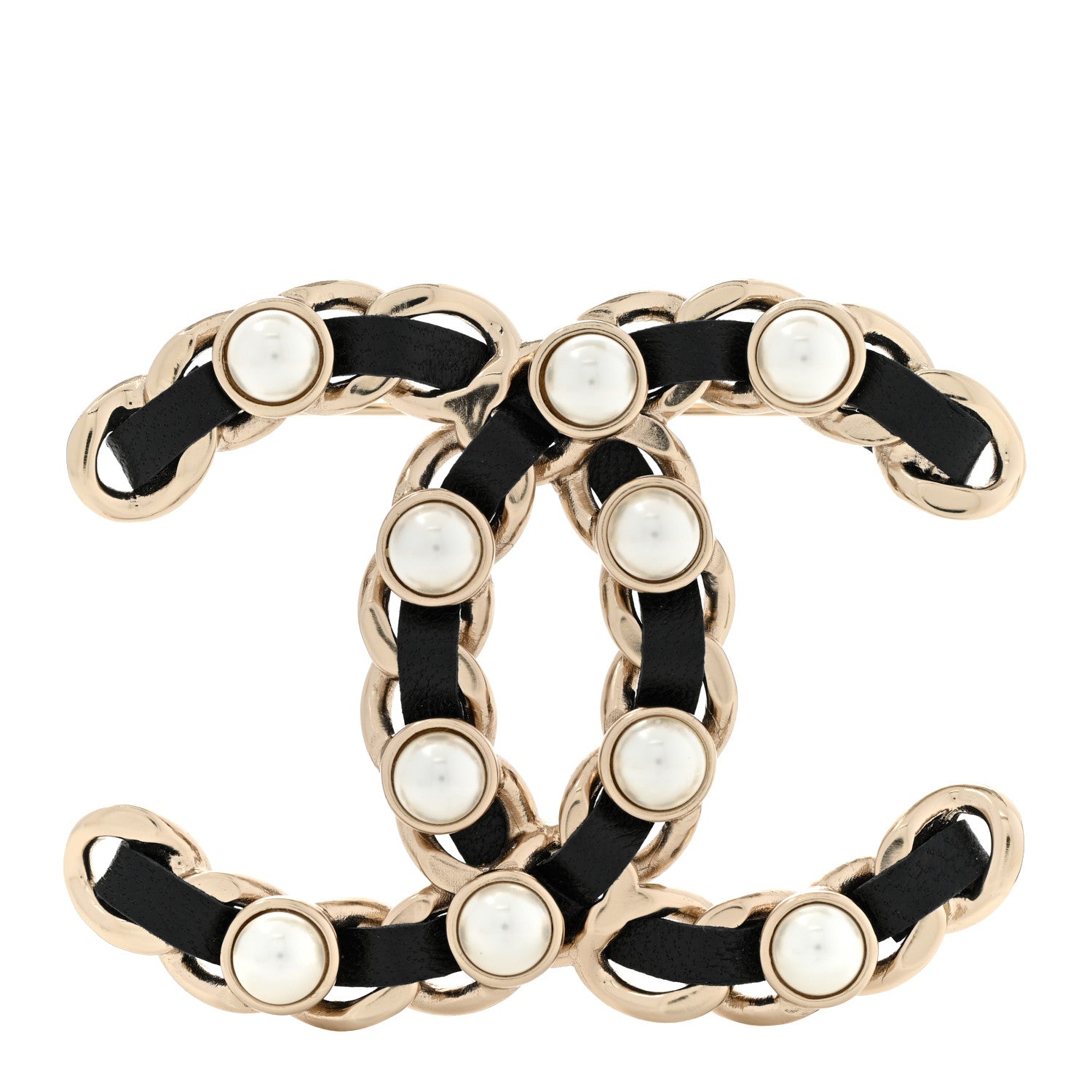 Chanel Lambskin Pearl Chain CC Brooch Gold Black 1 of 4