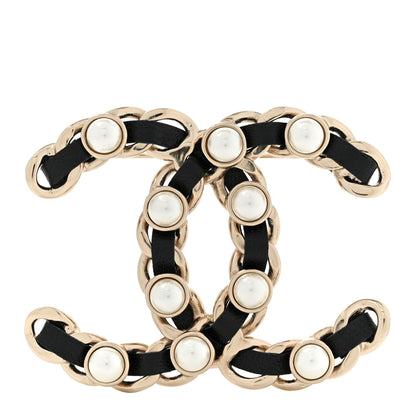 Chanel Lambskin Pearl Chain CC Brooch Gold Black 1 of 4