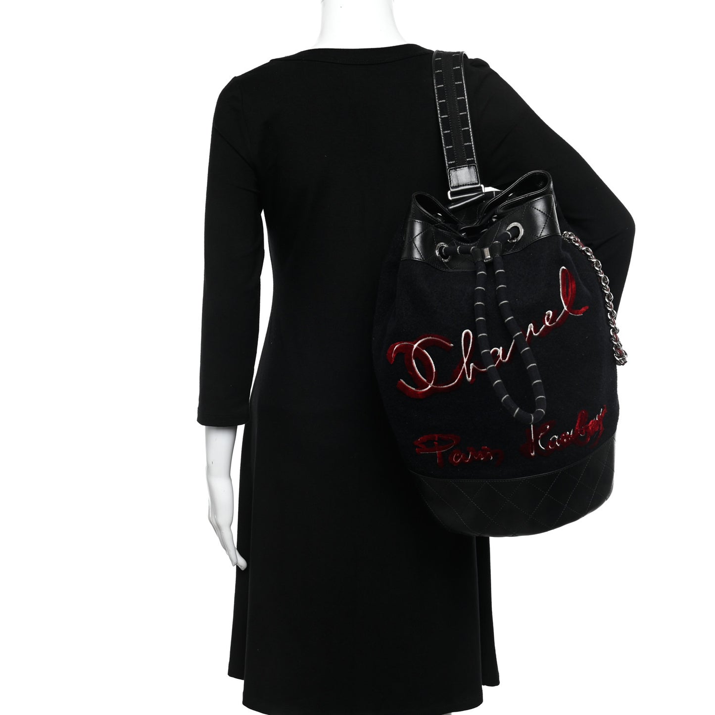 Wool Calfskin Embroidered Paris Hamburg Drawstring Backpack Black