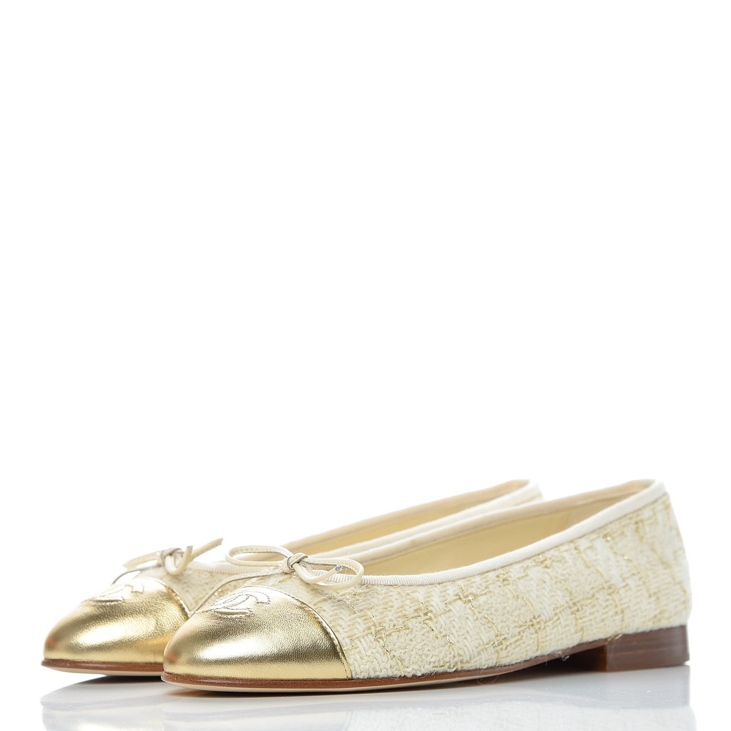 Tweed Metallic Lambskin CC Cap Toe Ballerina Flats 36 Beige Gold