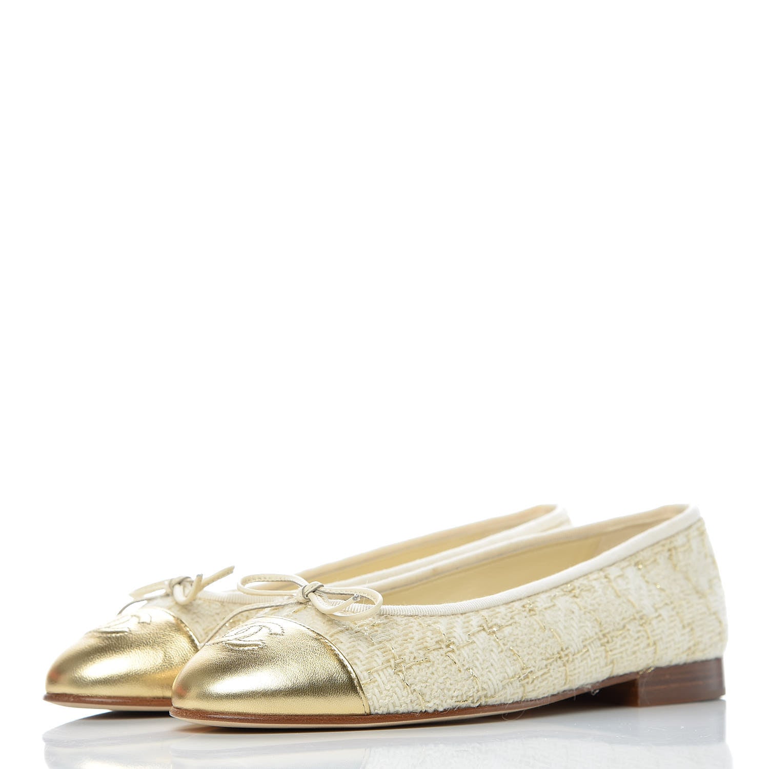 Chanel Tweed Metallic Lambskin CC Cap Toe Ballerina Flats 36 Beige Gold 3 of 10