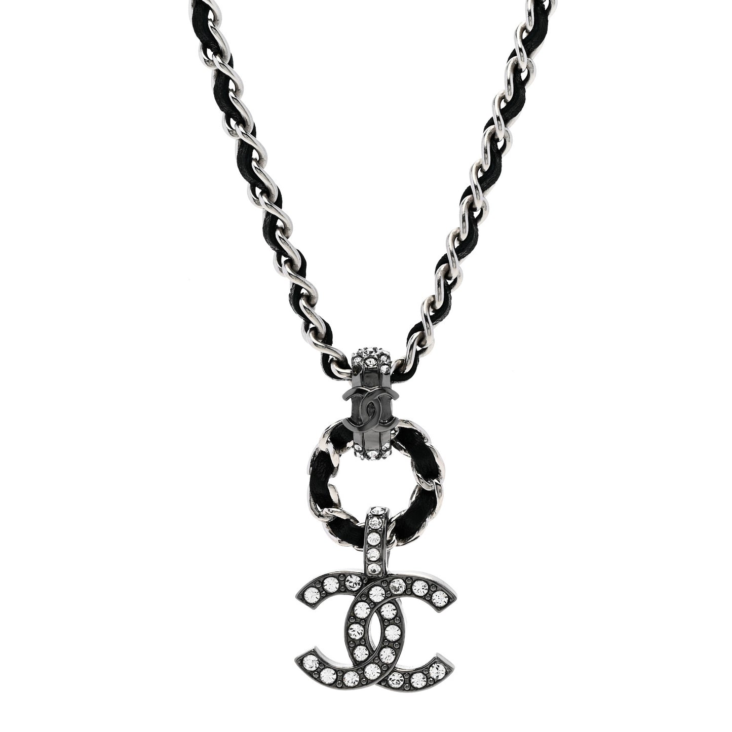 Lambskin Crystal Chain Choker Necklace Silver Black