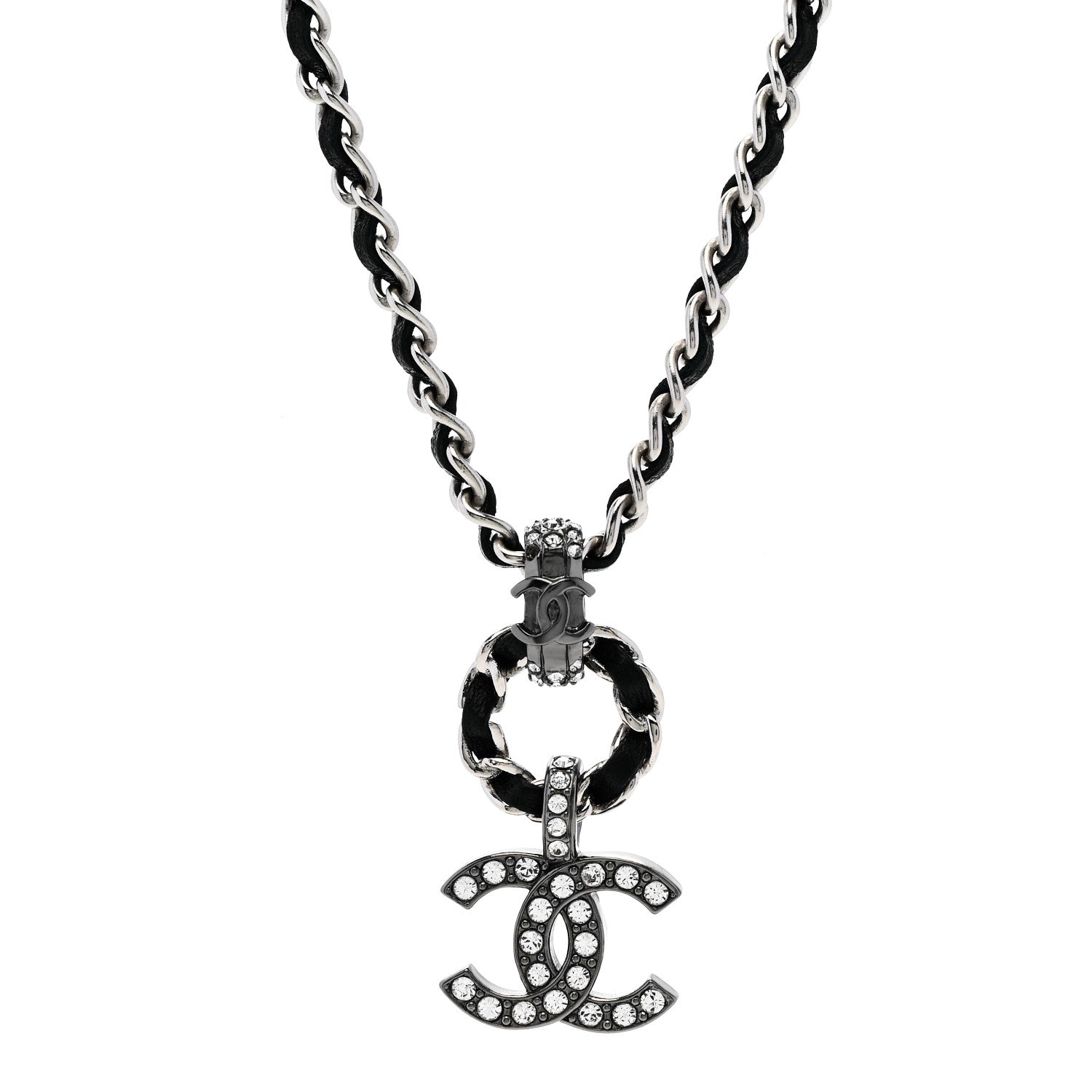 Chanel Lambskin Crystal Chain Choker Necklace Silver Black 4 of 6
