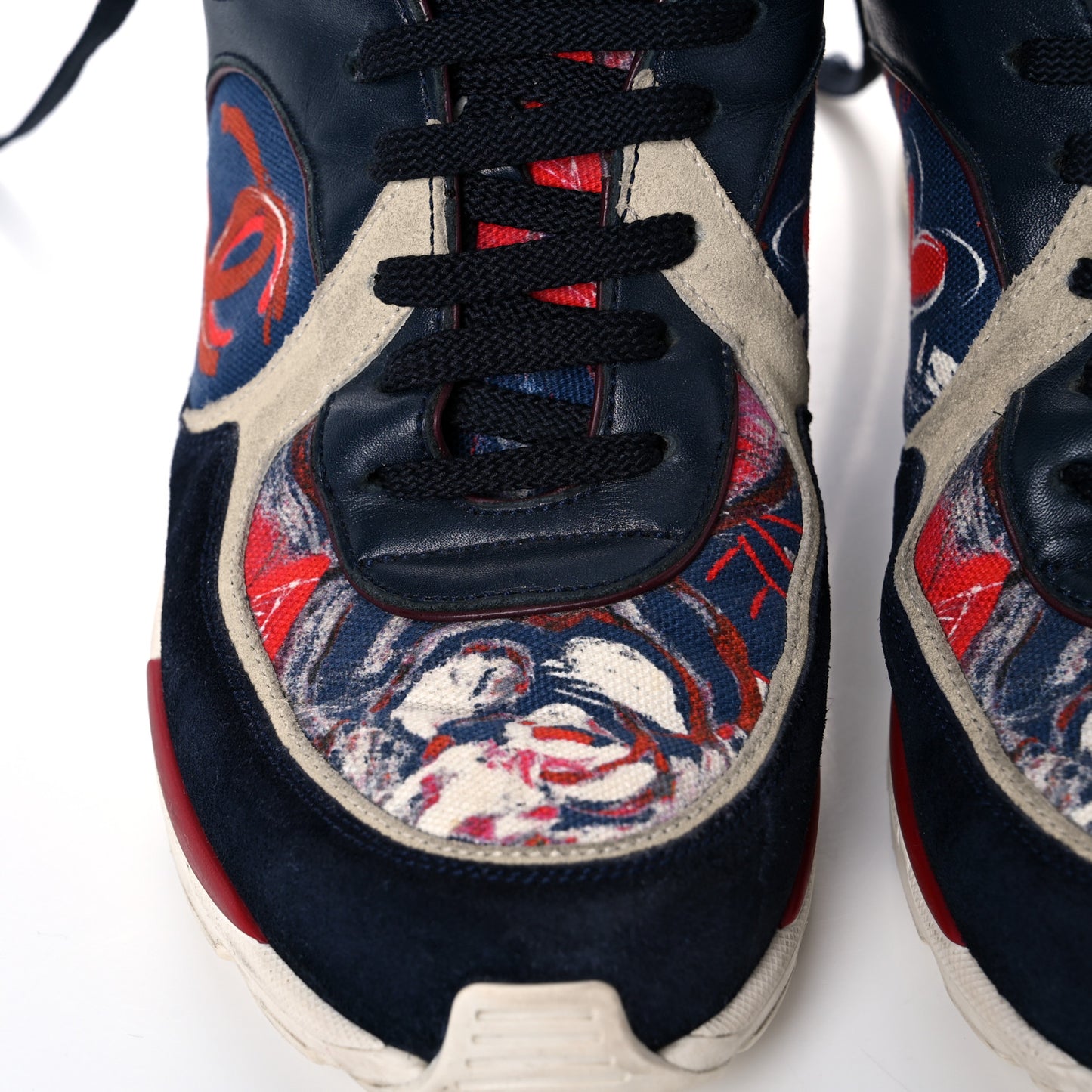 Canvas Suede Calfskin Womens CC Sneakers 35.5 Navy Red Black