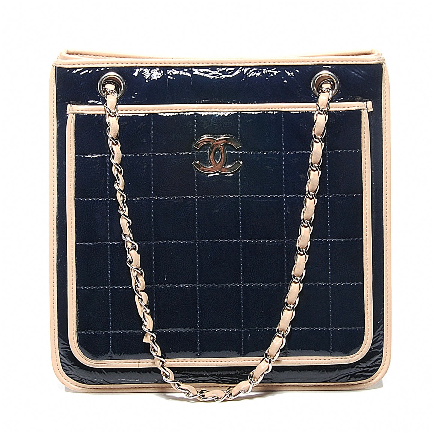 Patent Chocolate Bar Quilted Tote Navy Beige