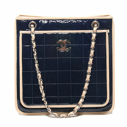 Chanel Patent Chocolate Bar Quilted Tote Navy Beige 1 of 8