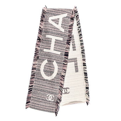 Chanel Wool Silk Logo CC Fringe Scarf Navy Pink Ivory 2 of 4