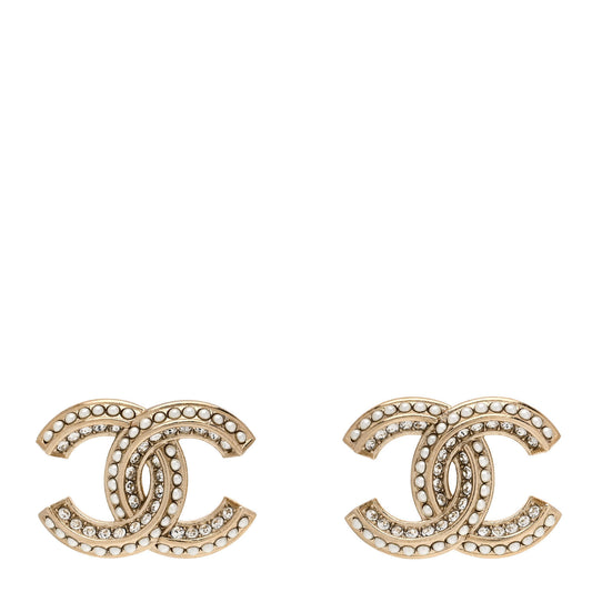 Crystal Pearl Chain Mania CC Earrings Gold