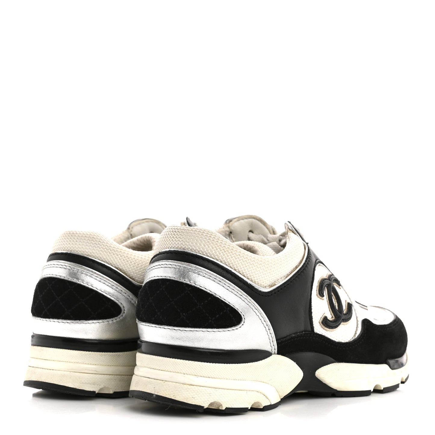Mesh Suede Calfskin Grained Calfskin Womens CC Sneakers 35 Black White Silver