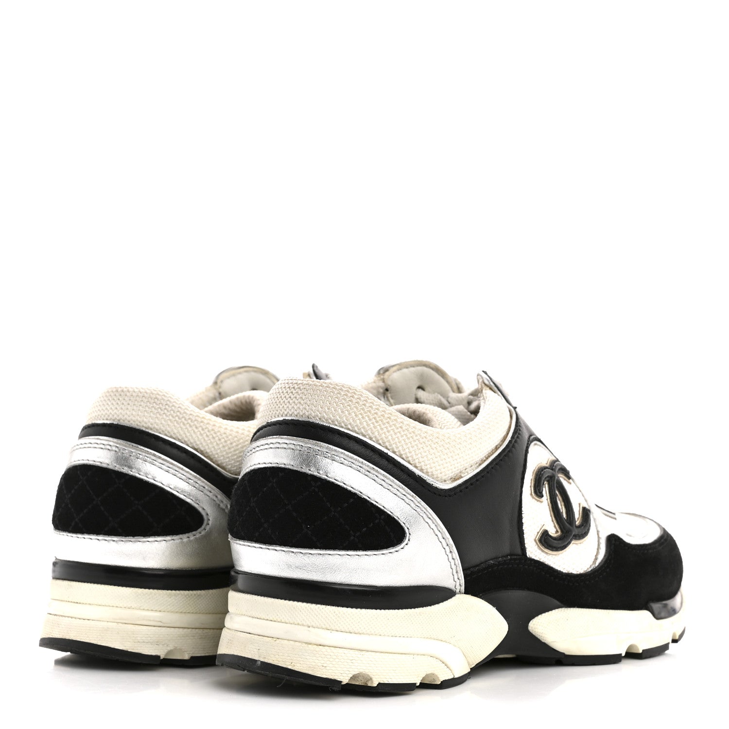 Chanel Mesh Suede Calfskin Grained Calfskin Womens CC Sneakers 35 Black White Silver 5 of 12