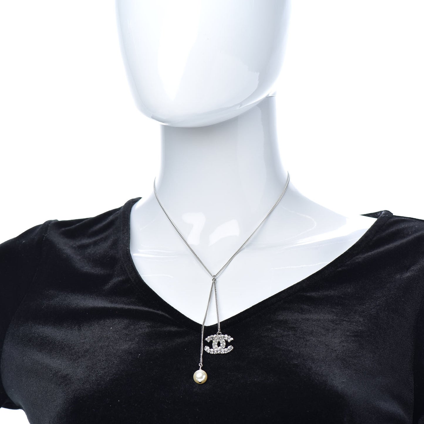 Baguette Crystal Pearl CC Lariat Necklace Silver