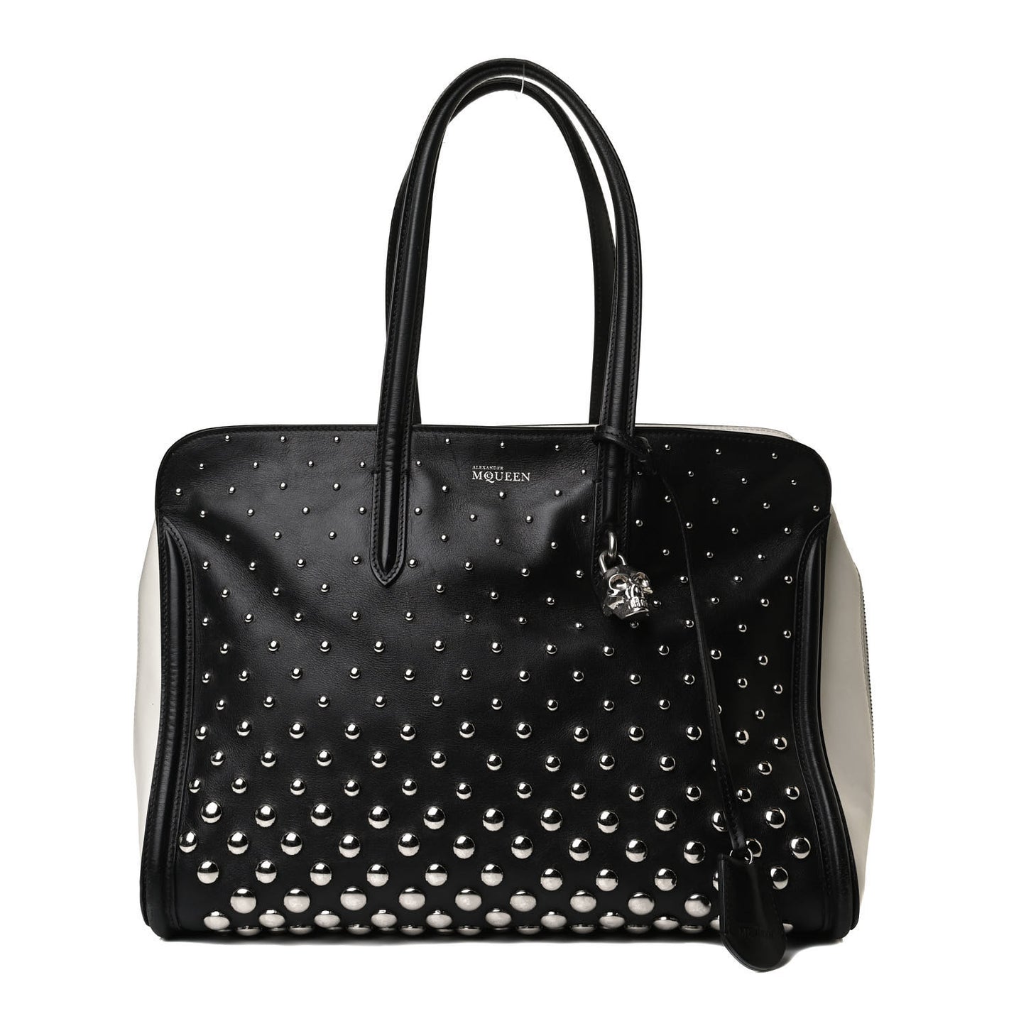 Calfskin Large Studded Padlock Zip Around Tote Black White