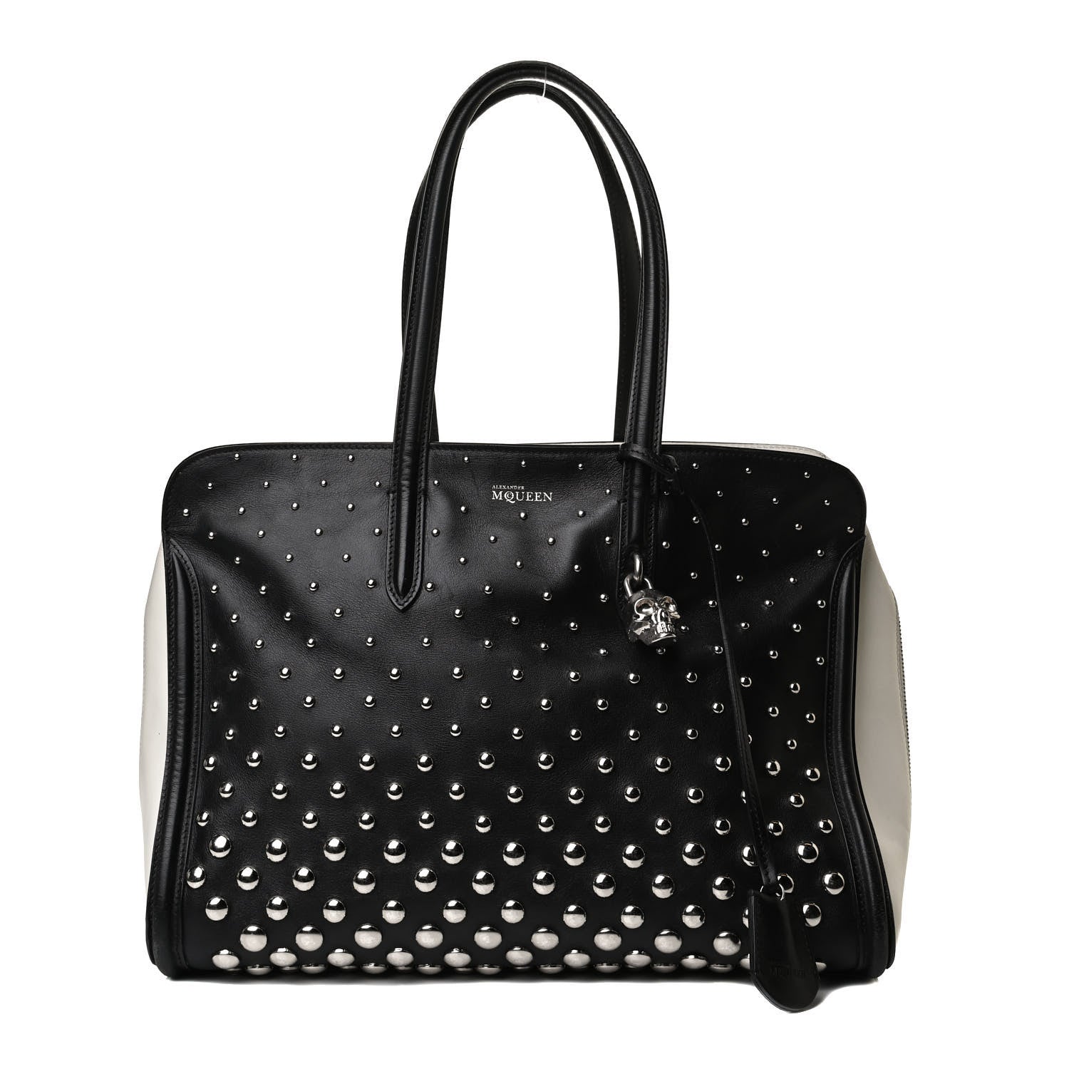 Alexander McQueen Calfskin Large Studded Padlock Zip Around Tote Black White 1 of 17