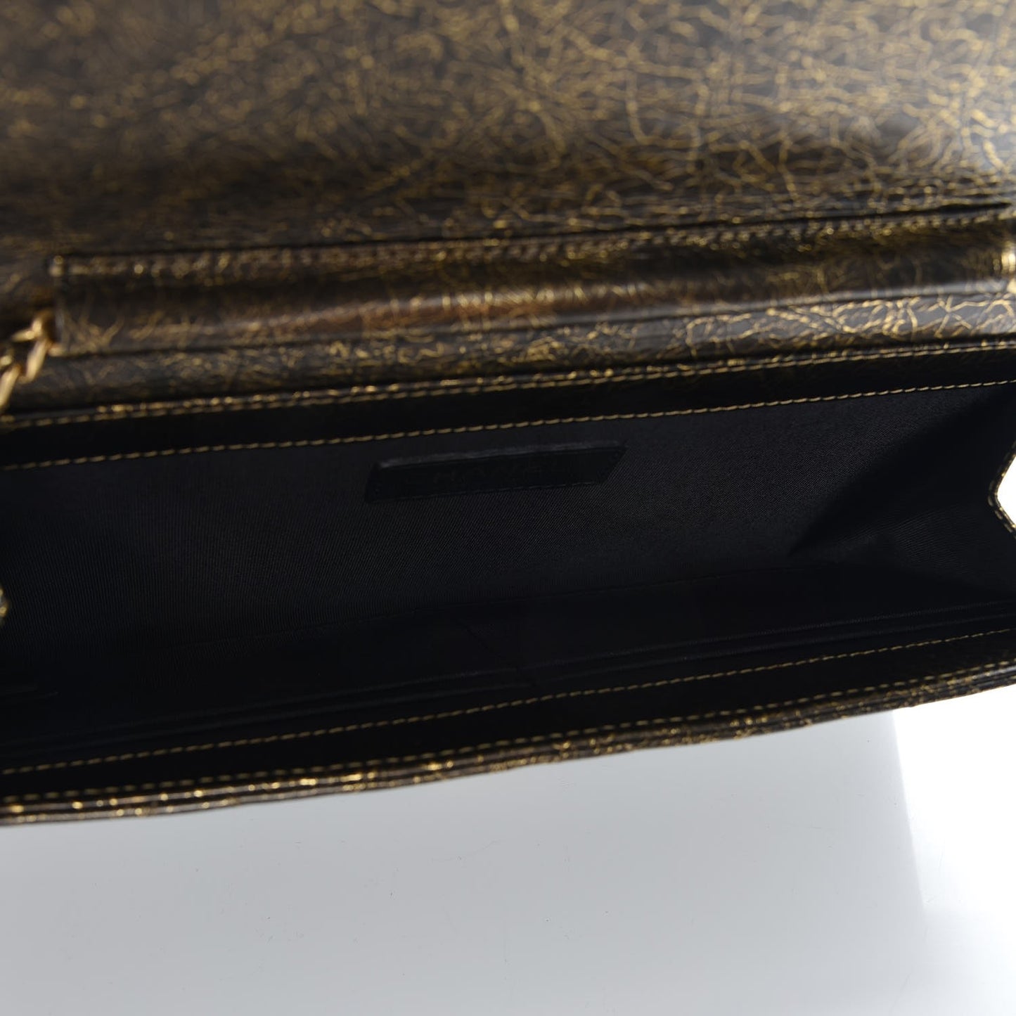 Cracked Metallic Calfskin Quilted Zip Away Chain Clutch Gold