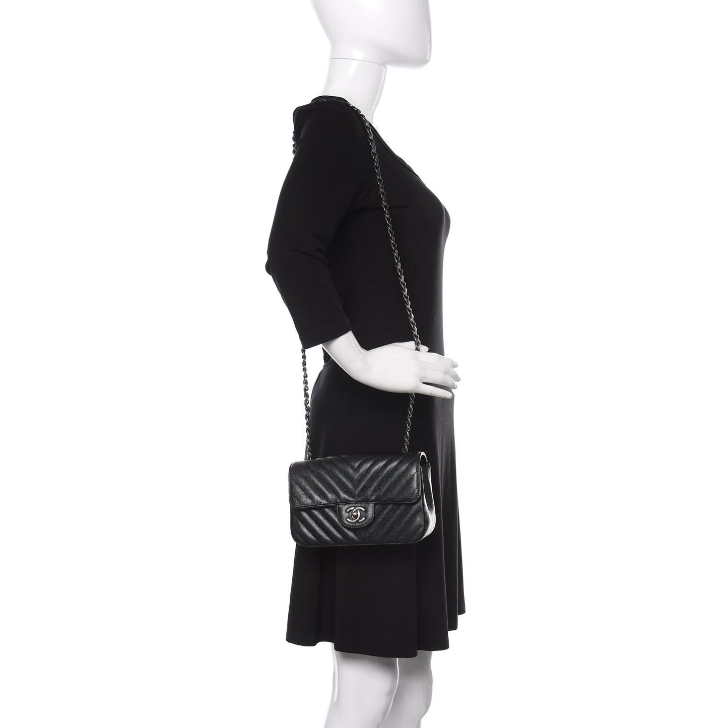 Iridescent Caviar Chevron Quilted Mini Rectangular Flap Black