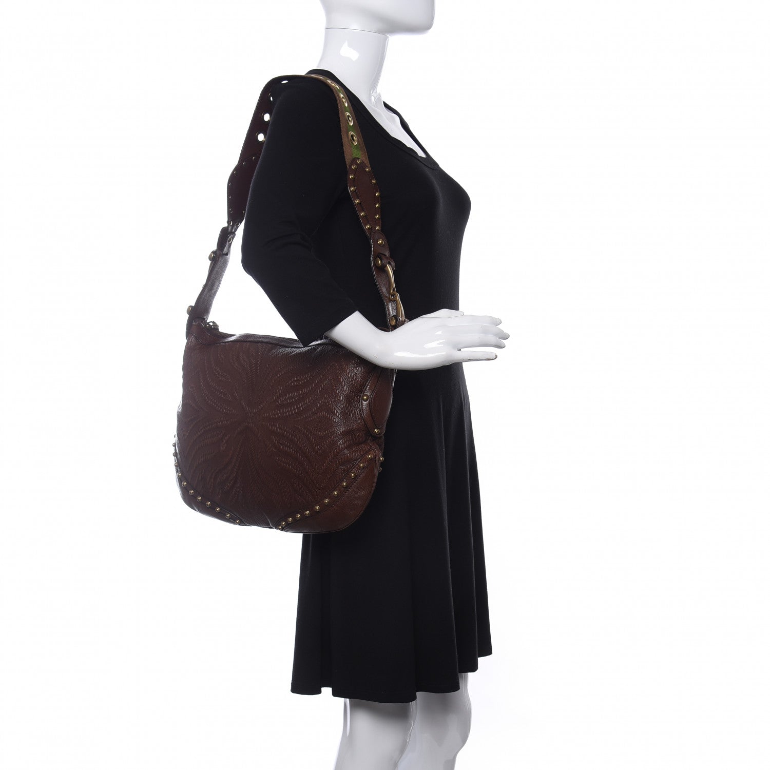 Gucci Calfskin Embossed Studded Pelham Messenger Bag Dark Brown 2 of 13