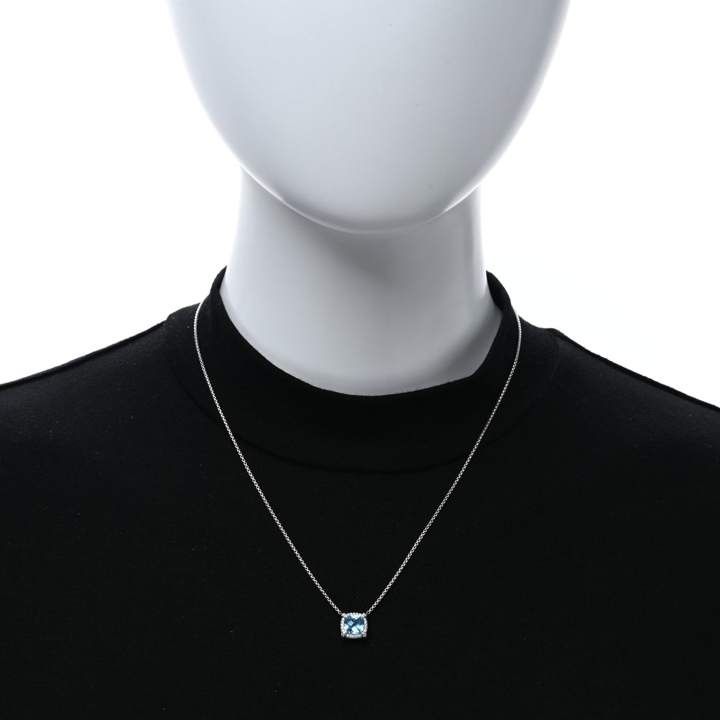 Sterling SIlver Diamond Blue Topaz 7mm Petite Chatelaine Pave Bezel Pendant Necklace