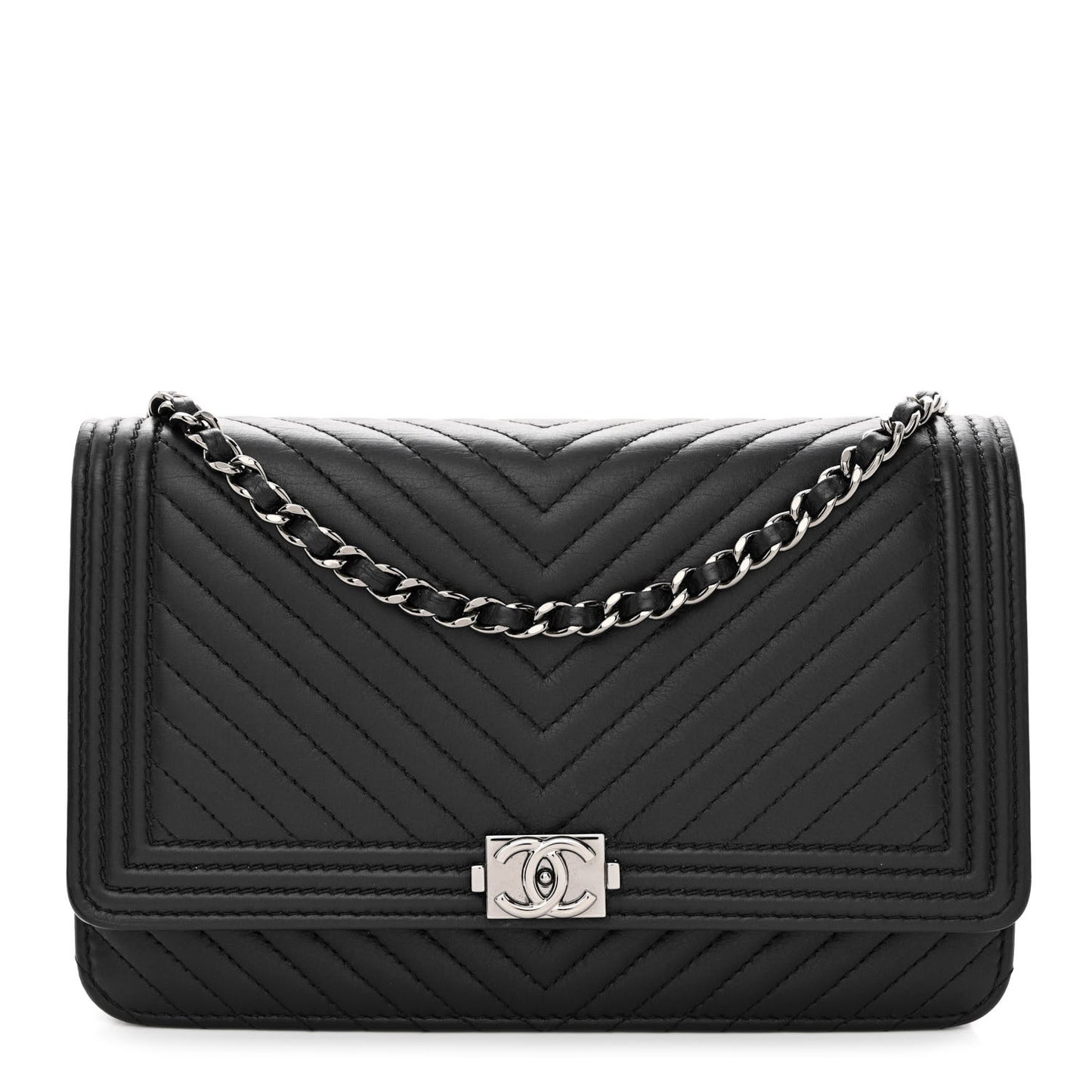 Calfskin Chevron Quilted Boy Wallet On Chain WOC Black