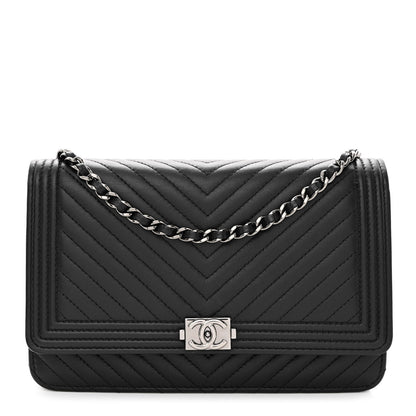Chanel Calfskin Chevron Quilted Boy Wallet On Chain WOC Black 1 of 15