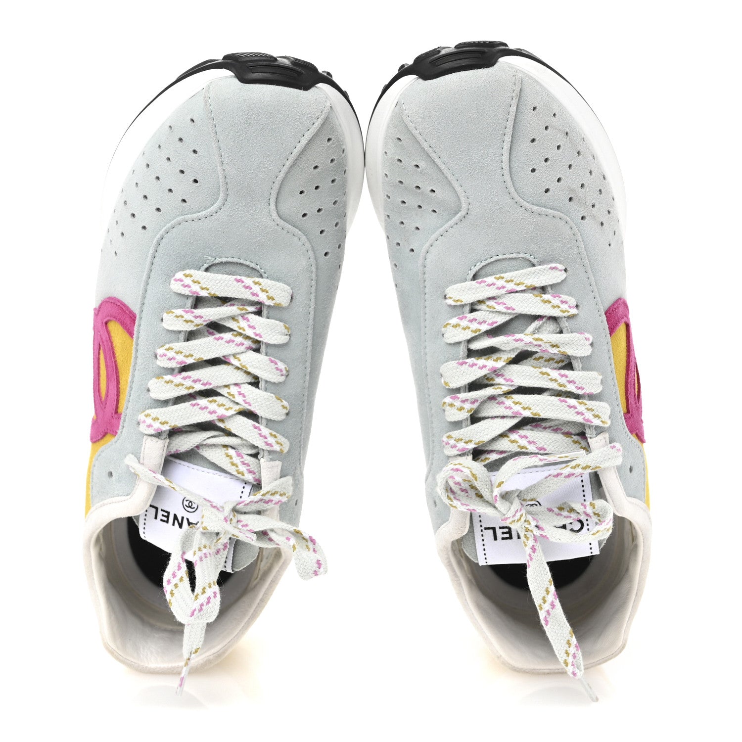 Chanel Fabric Suede Kidskin CC Sneakers 40 Light Turquoise Fuchsia Yellow 2 of 9