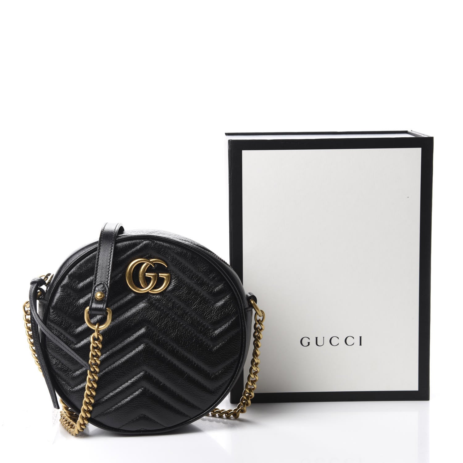 Gucci Azalea Calfskin Matelasse Heart Mini GG Marmont Round Shoulder Bag Black 12 of 12