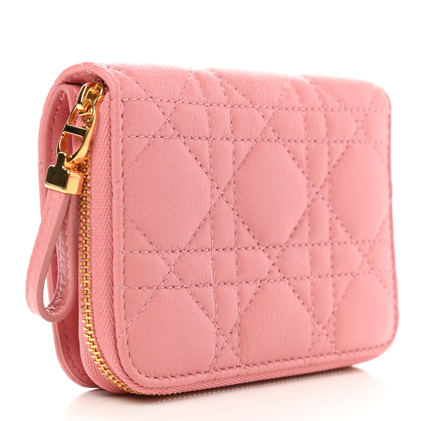 Grained Calfskin Supple Cannage Caro Compact Zipped Wallet Pink