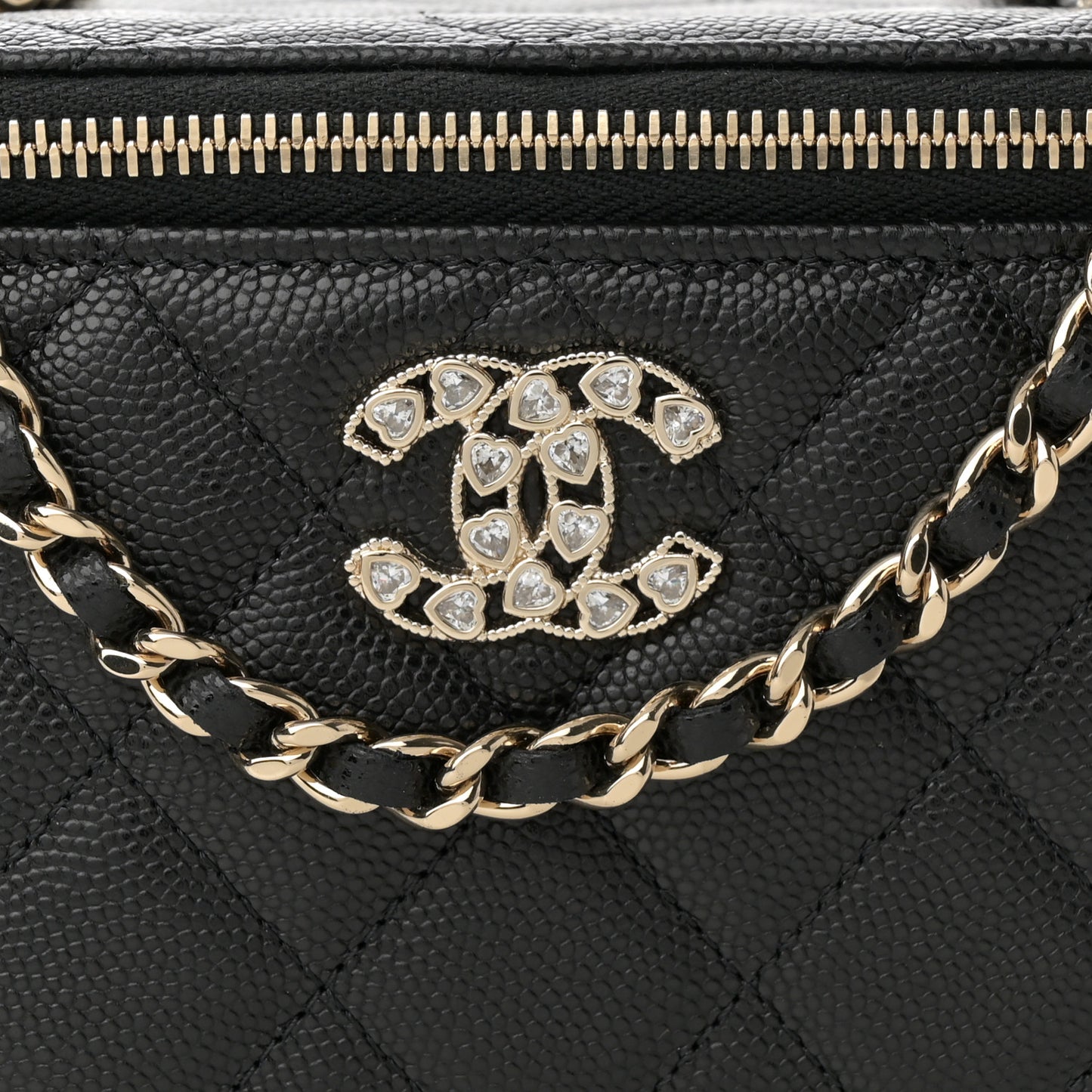 Caviar Quilted Crystal Hearts Small Vanity Case With Chain Black