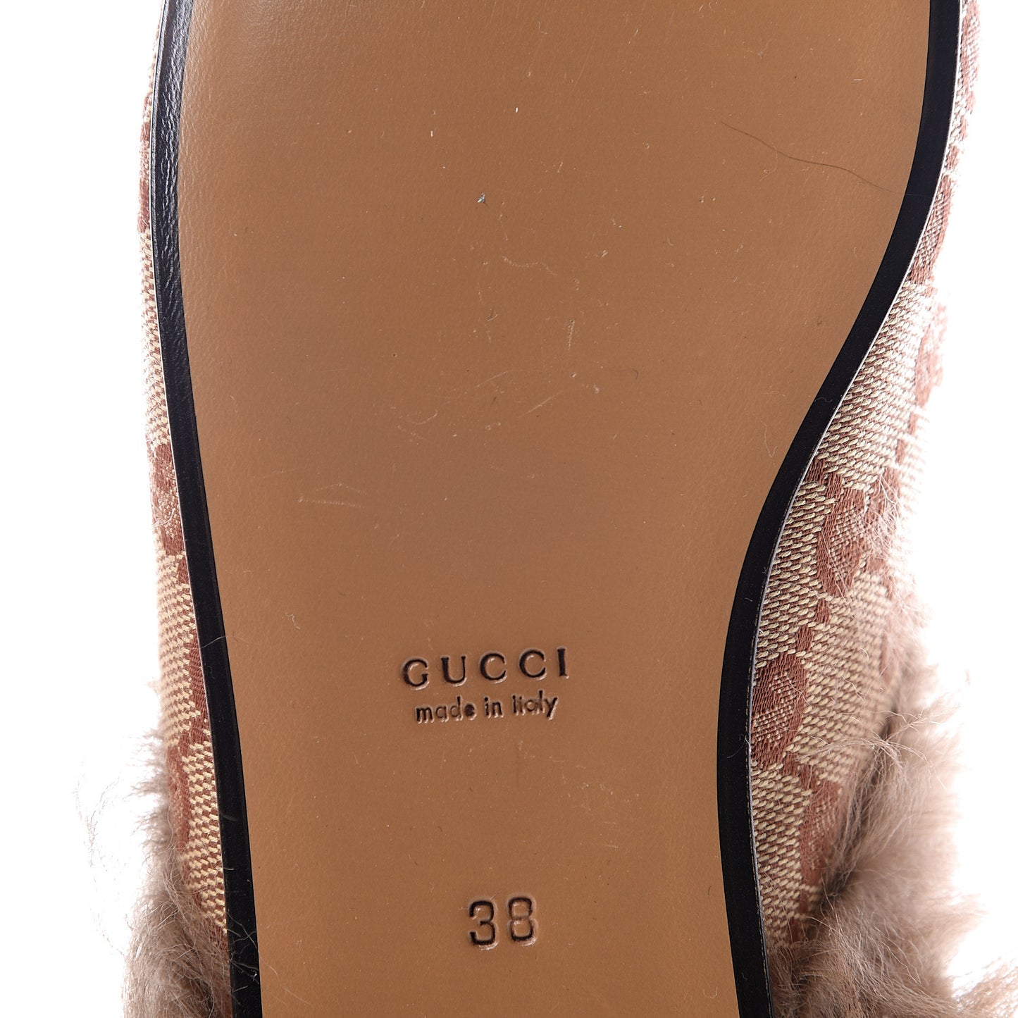 GG Monogram Fur Womens Princetown Slippers 38 Beige Ruggine Rust