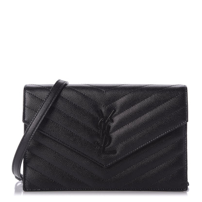 Saint Laurent Grain De Poudre Matelasse Chevron Monogram Envelope Chain Wallet Black 1 of 10