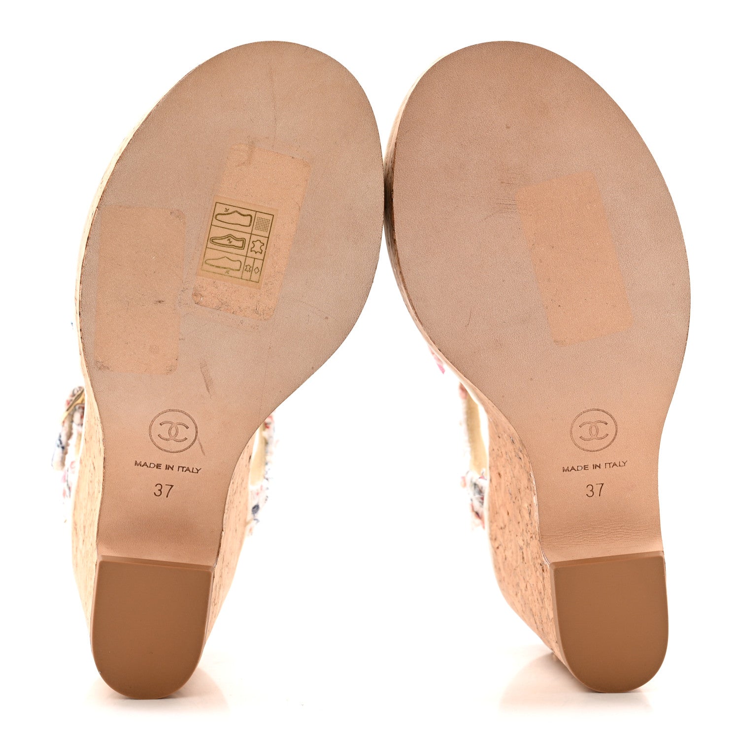 Chanel Tweed Cork CC Wedge Sandals 37 Ecru Pink Blue Green 1855052