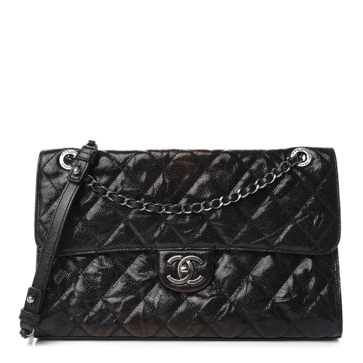 Crumpled Grained Calfskin Jumbo CC Crave Flap Black