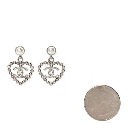 Chanel Pearl Crystal CC Heart Drop Earrings Silver 2 of 5