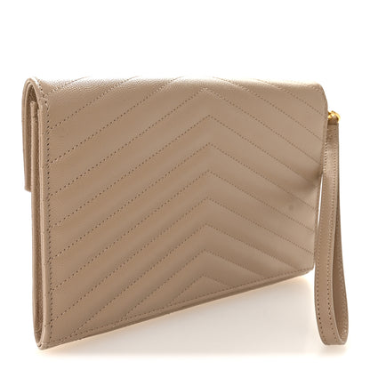 Saint Laurent Grain De Poudre Matelasse Chevron Monogram Envelope Clutch Dark Beige 3 of 7