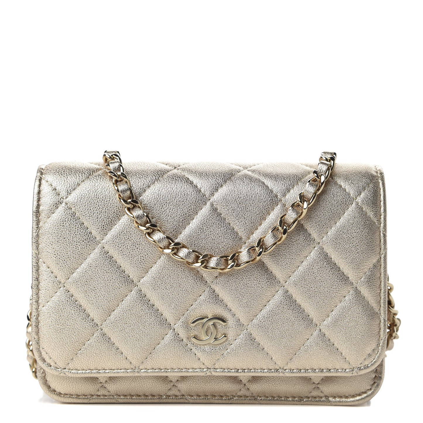 Metallic Lambskin Quilted Mini Wallet On Chain WOC Gold