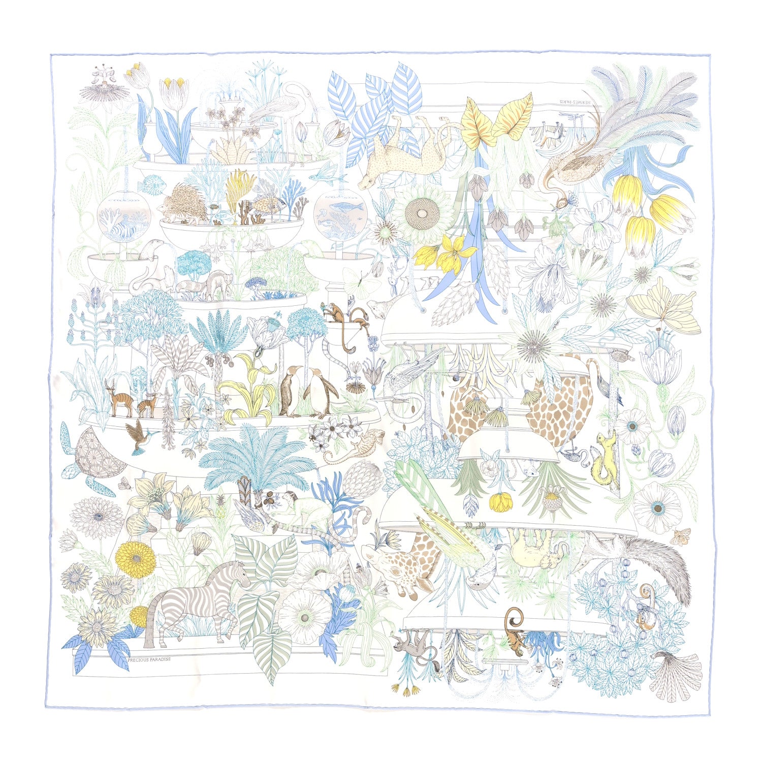 Hermes Silk Twill Precious Paradise Scarf 90 White Acqua Menthol 1 of 4