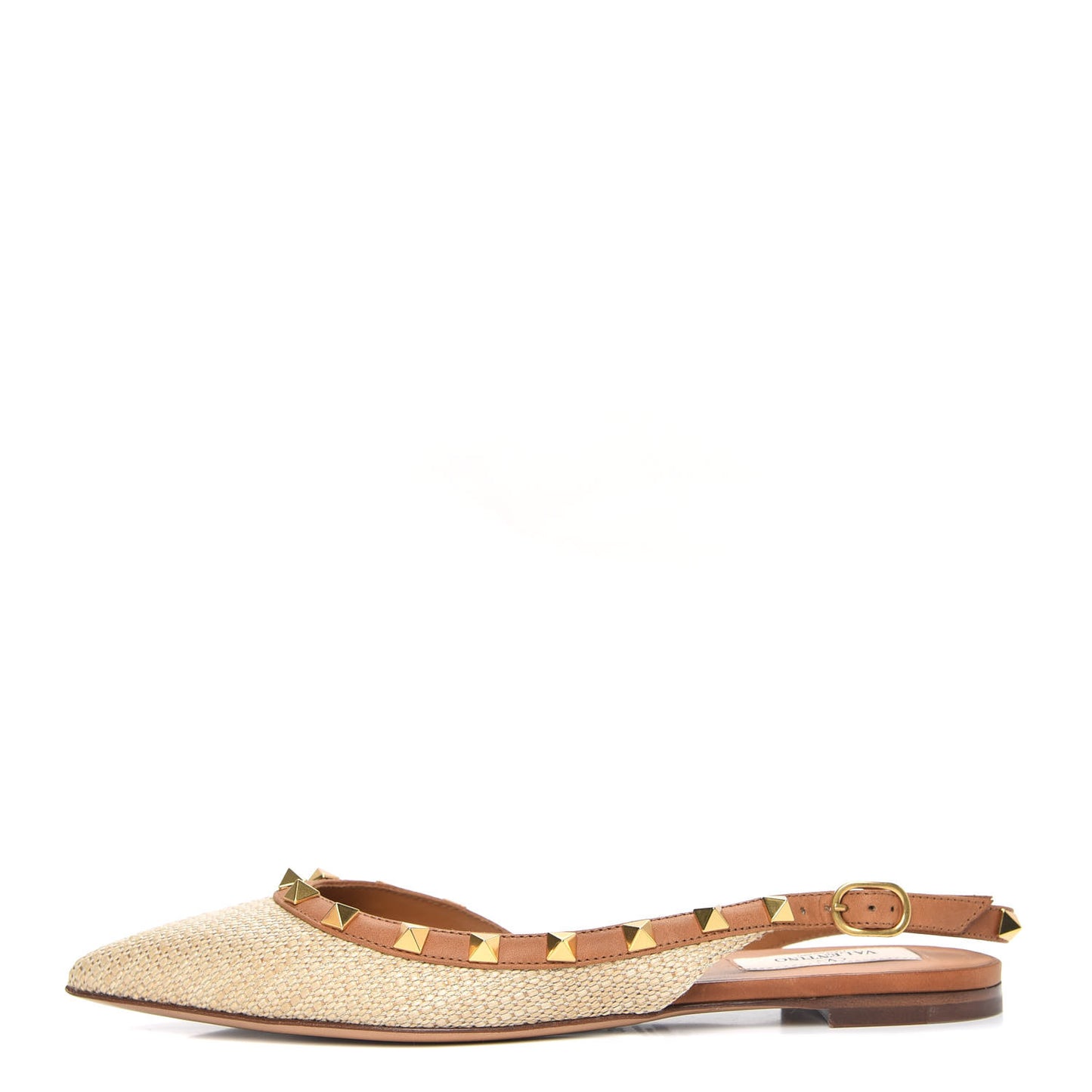Raffia Calfskin Rockstud Slingback Flats 36 Naturale