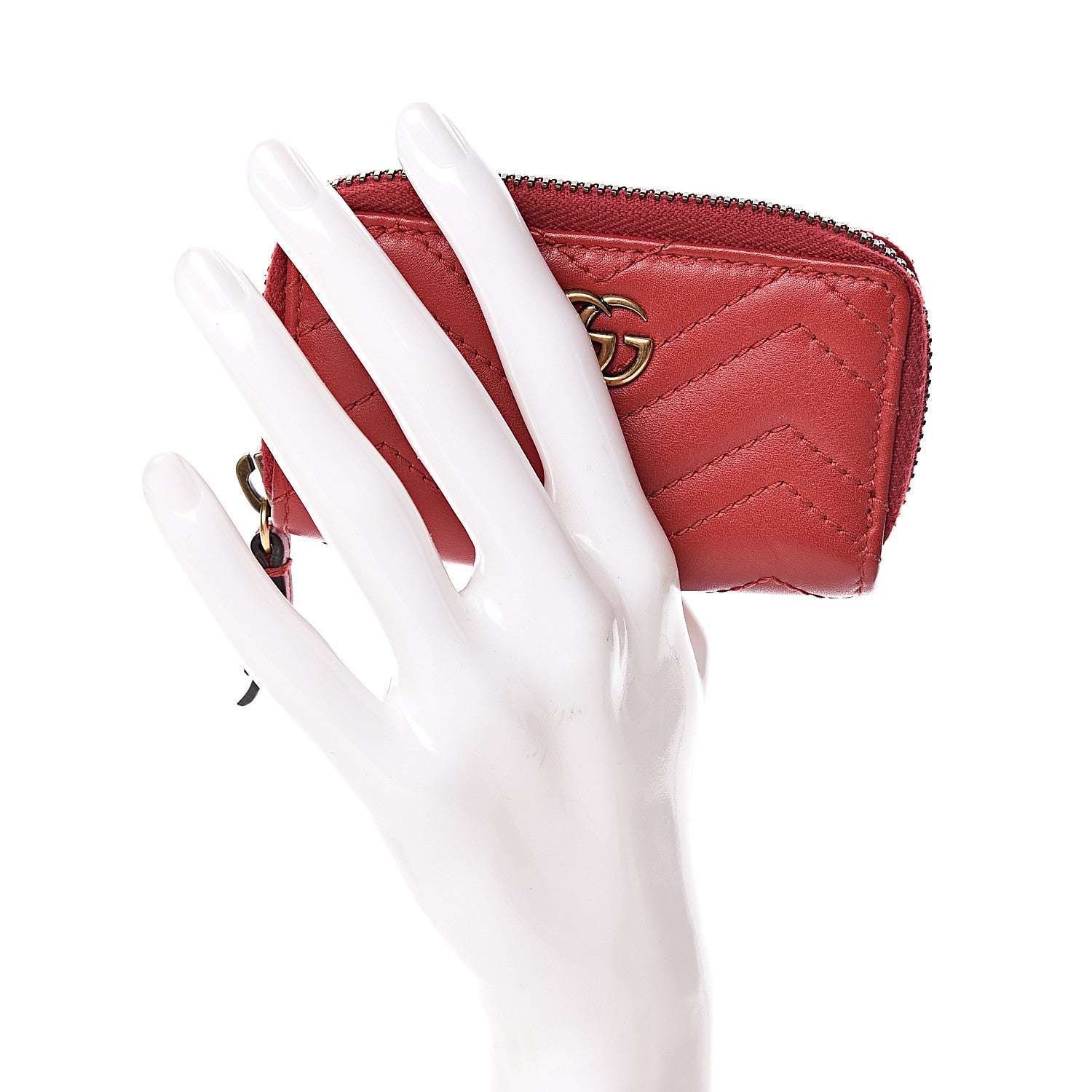 Gucci Calfskin Matelasse GG Marmont Zip Around Key Case Hibiscus Red 2 of 7