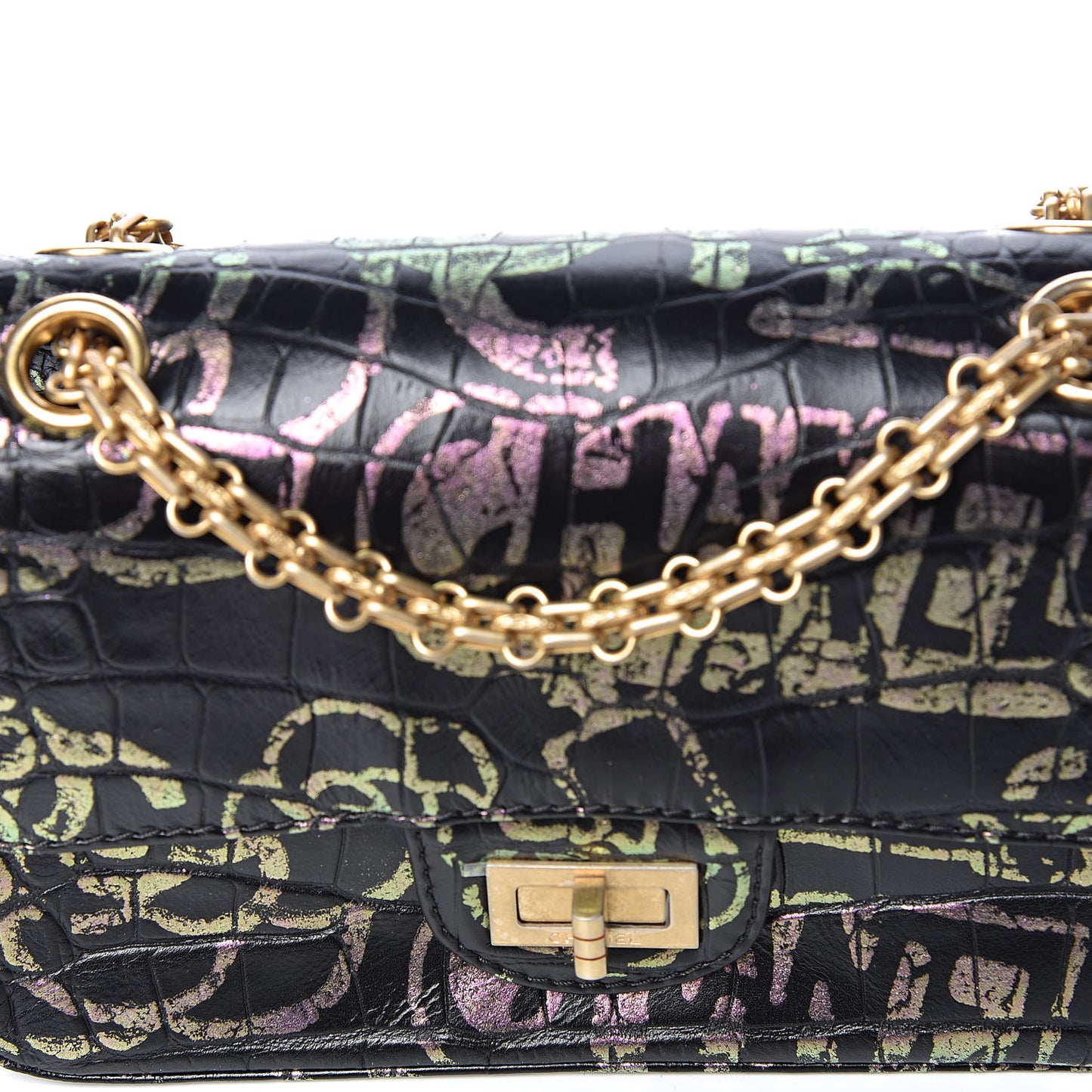 Calfskin Crocodile Embossed Graffiti 2.55 Mini Cocodile Reissue Flap Black Pink