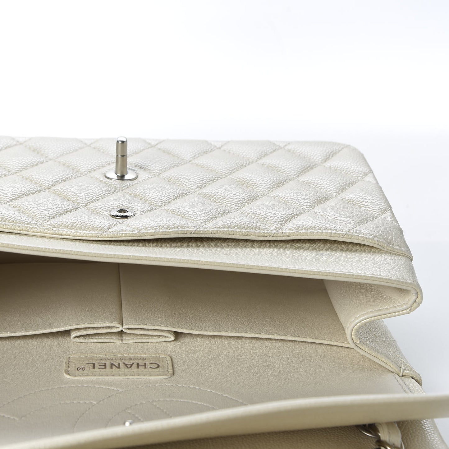 Pearly Caviar Quilted Jumbo Double Flap Dark White