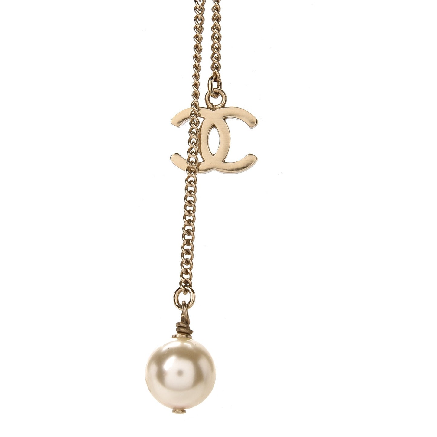 Pearl Crystal CC Long Necklace Light Gold