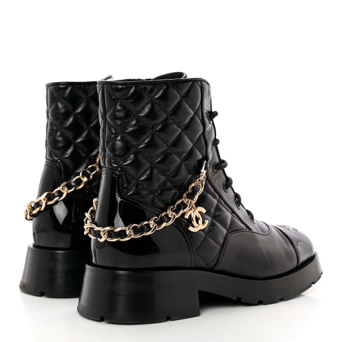 Shiny Calfskin Patent Quilted Chain Lace Up Combat Boots 37.5 Black