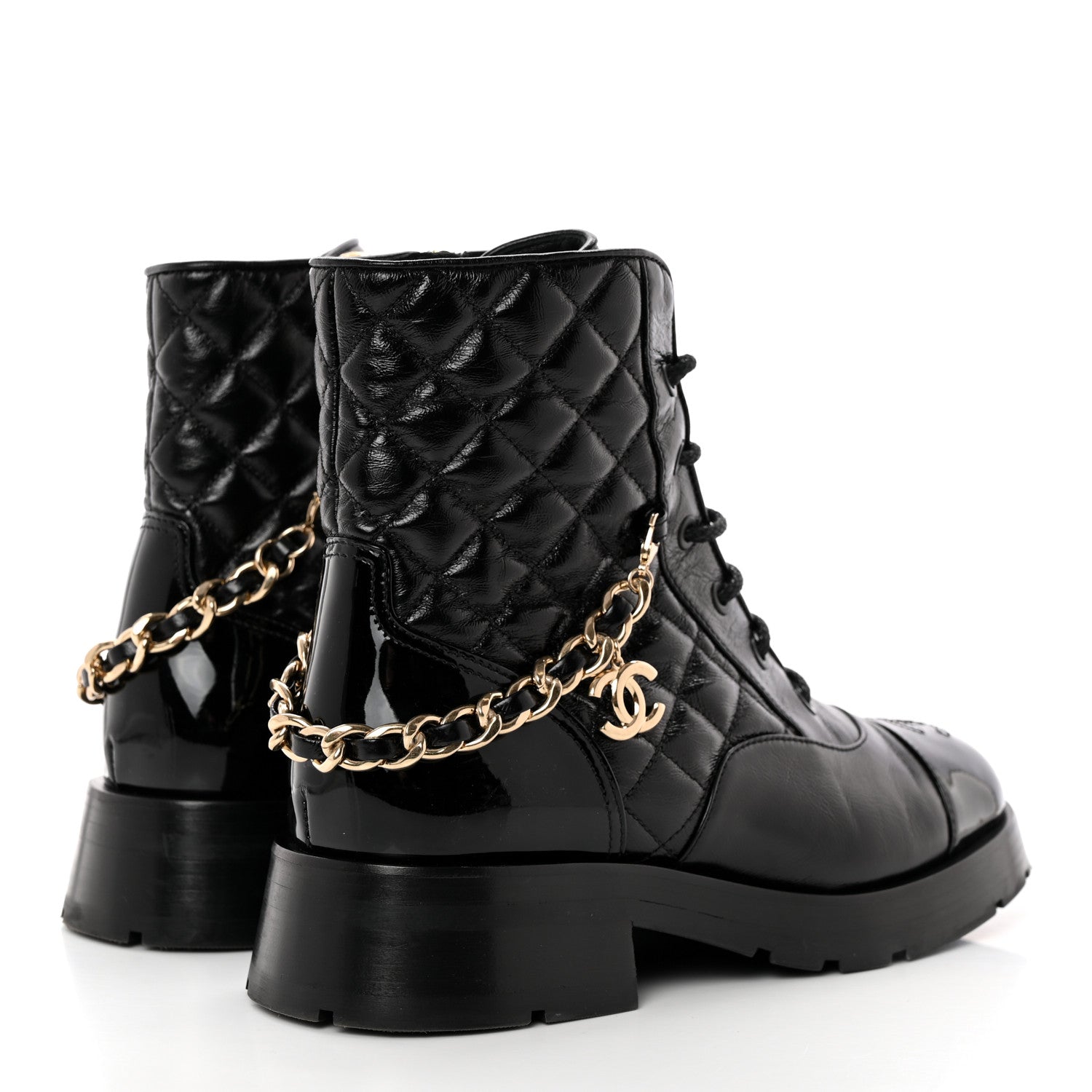 Chanel Shiny Calfskin Patent Quilted Chain Lace Up Combat Boots 37.5 Black 4 of 14