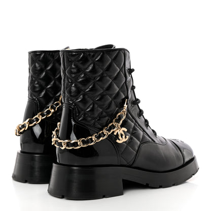Chanel Shiny Calfskin Patent Quilted Chain Lace Up Combat Boots 37.5 Black 4 of 14