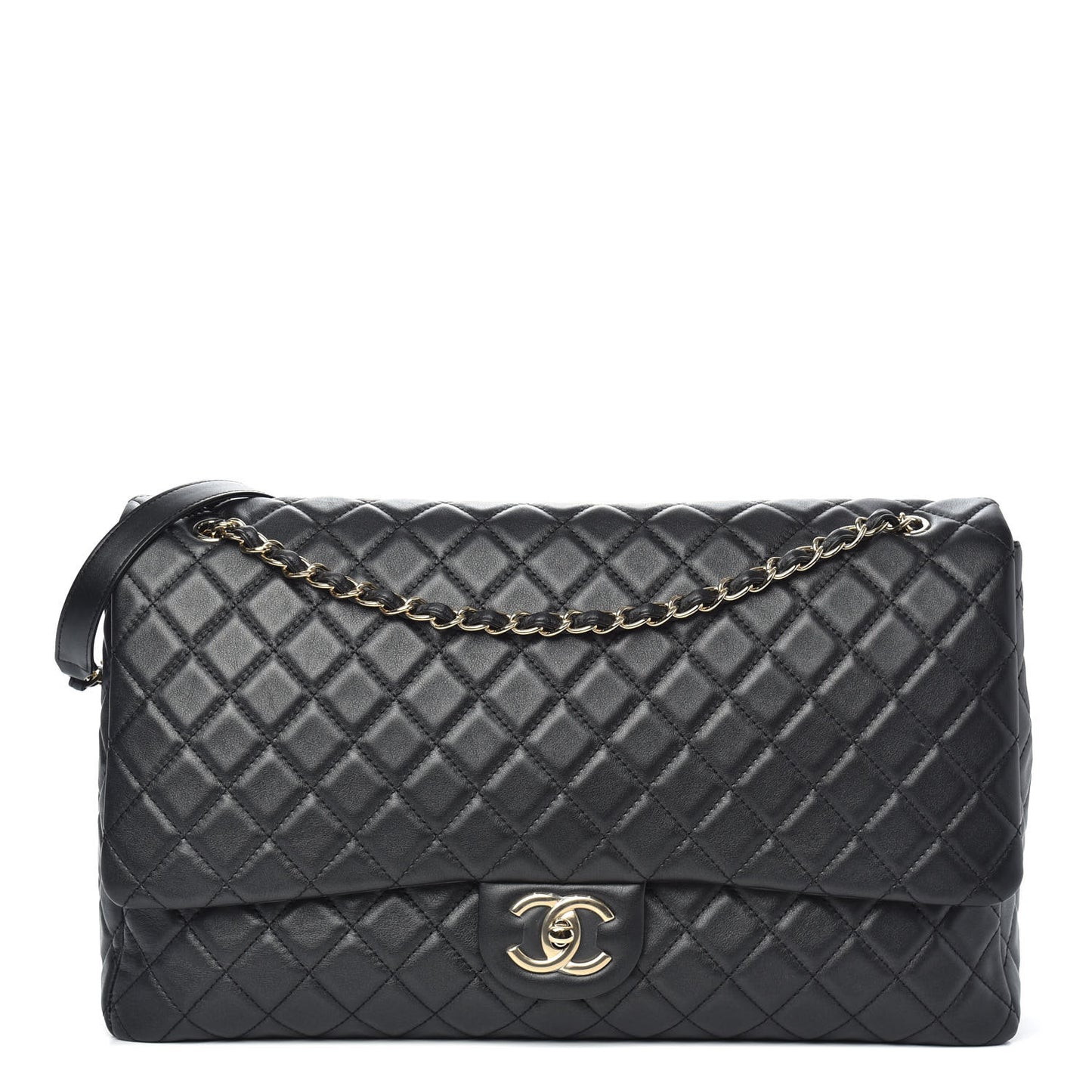 Calfskin Quilted XXL Travel Flap Bag Black