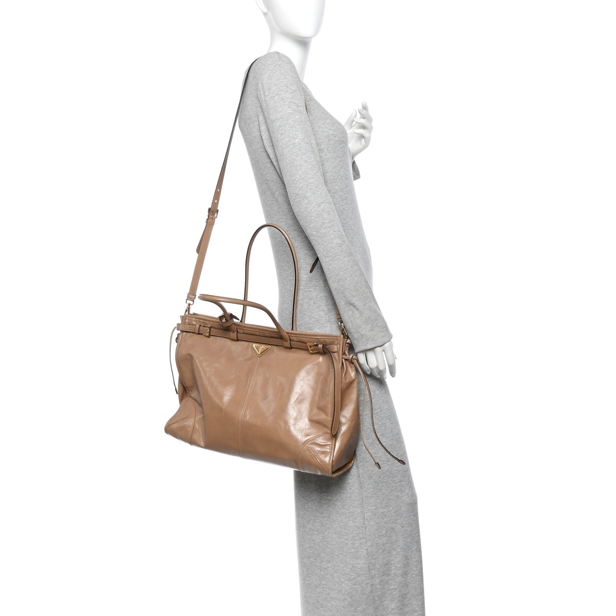 Prada Glossy Calfskin Triangle Extra Large Bonnie Shoulder Bag Cameo 2 of 10