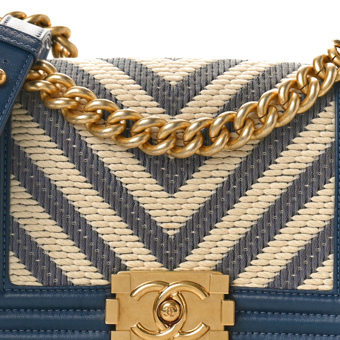 Fabric Chevron Braided Small Boy Flap Blue Ivory